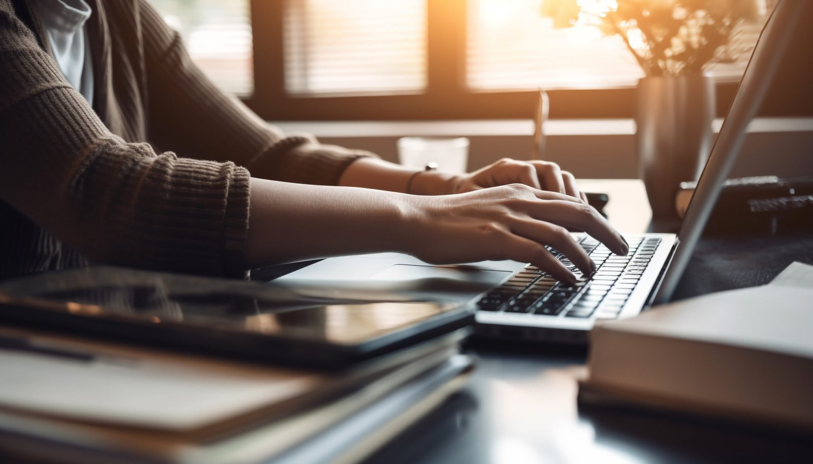 A businesswoman sitting at desk, using laptop generated by artificial intelligence